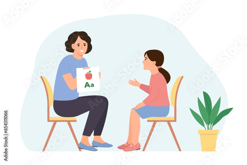 English teacher showing alphabet cards to the girl. Woman explaining rules of english language to  child in accessible way.Studying foreign vocabulary and grammar. Flat vector illustration