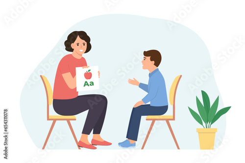 .English teacher showing alphabet cards to the boy. Woman explaining rules of english language to  child in accessible way.Studying foreign vocabulary and grammar. Flat vector illustration.