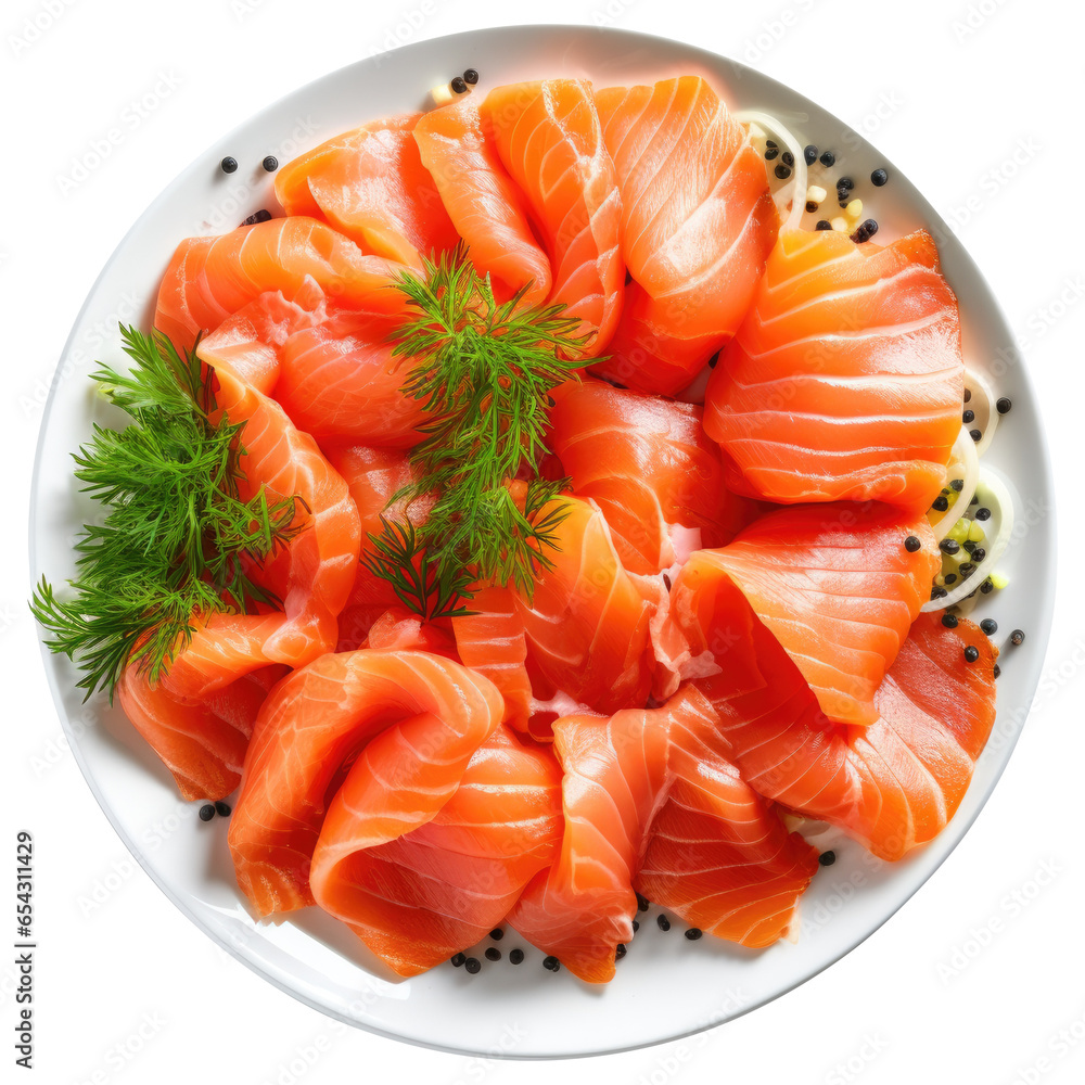 Fresh slices of salmon or lox served on a white plate, top view angle