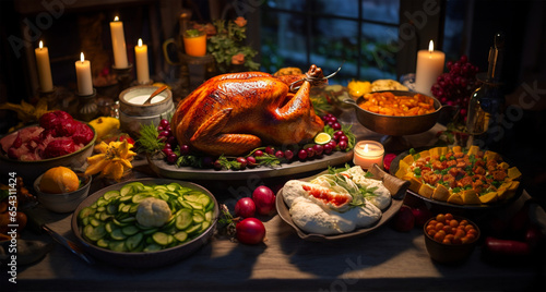Thanksgiving Day Turkey. Christmas Decoration on the Table. Thanksgiving recipes. Thanksgiving dinner. (ID: 654311424)