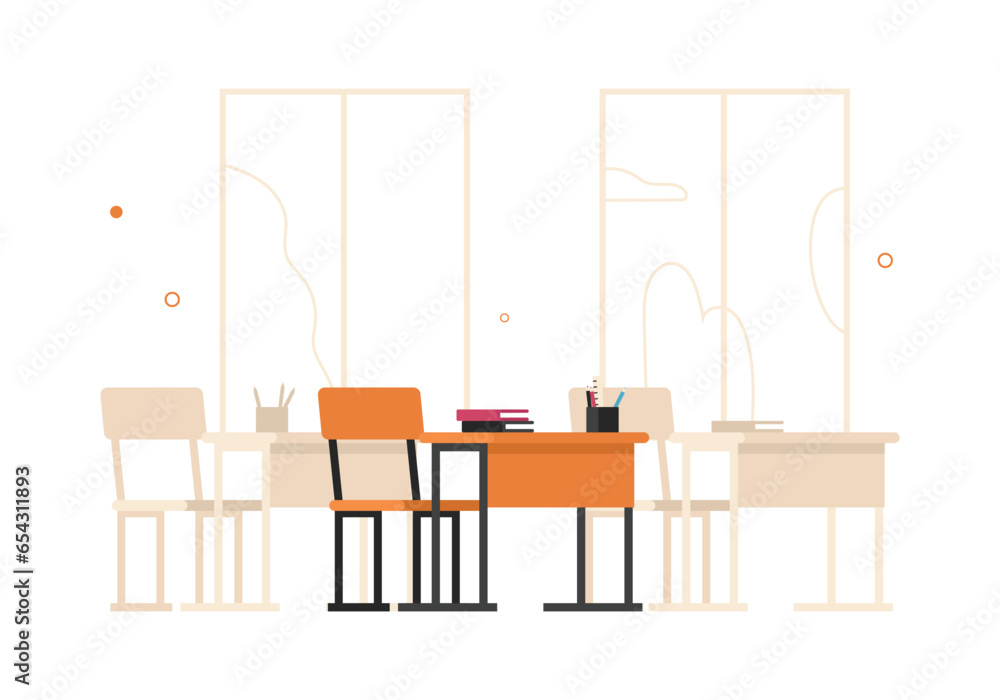 Vector illustration of an empty school classroom with desks and chairs Vector illustration of an empty school classroom with desks and chairs