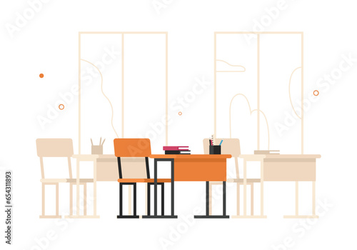 Vector illustration of an empty school classroom with desks and chairs