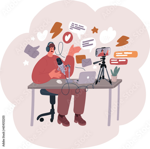 Vector illustration of man in Earphones smiling near microphone while sitting recording podcast