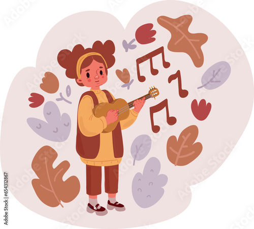 Vector illustration of girl play guitar or ukulele Professional junior guitarist