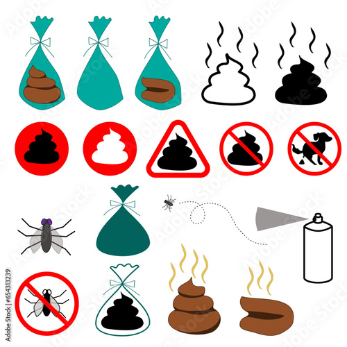 Icon of poo, poop bag and fly with white background