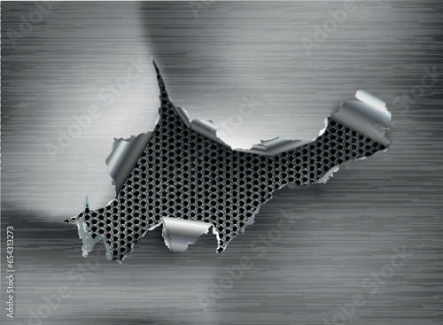 ragged Hole torn in ripped metal on steel background
