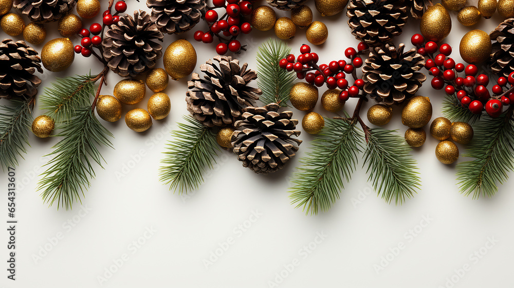 Christmas decorations, top view white background Christmas decorations, top view white background