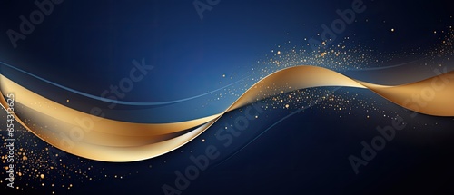 Abstract christmas illustration, gold wavy shapes and particles on blue background