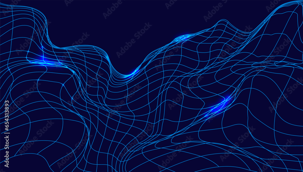 Abstract blue wave background. Imitation of a mountain landscape, banner, shades of blue. Vector, neon. Blue background