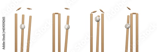 Cricket ball hitting wicket stumps knocking bails out against blue sky background. Bails fly from cricket stumps as ball hits on grass field. Close-up of cricket stumps and bails. 3D Rendering photo