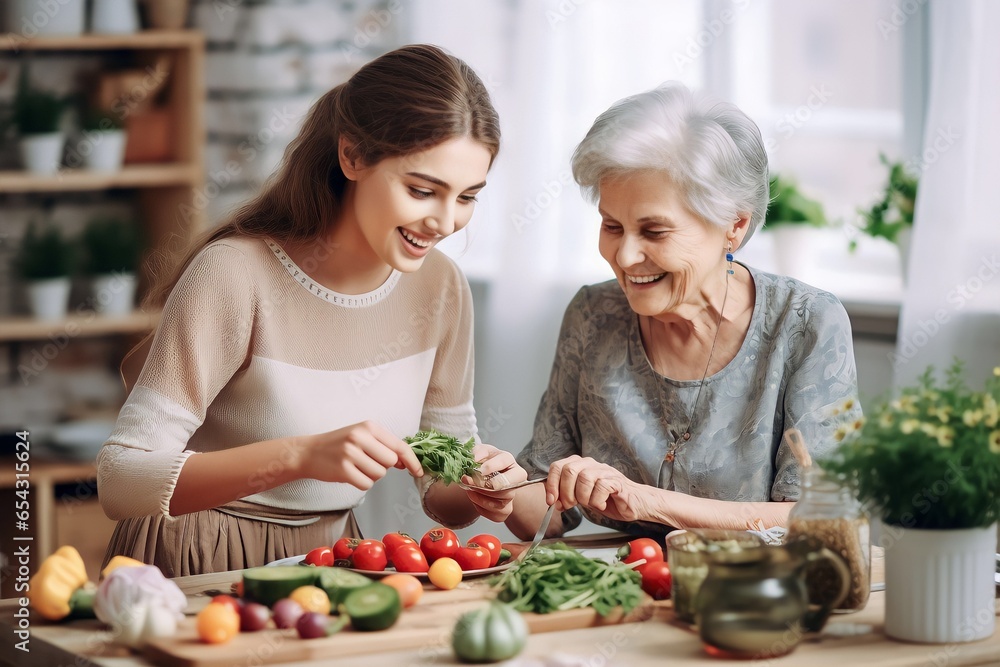Happy old mother and her daughter preparing healthy food in the kitchen at home
