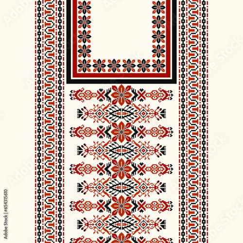 floral embroidery neckline background. ikat and cross stitch geometric seamless pattern ethnic oriental traditional. Aztec style illustration design for carpet, wallpaper, clothing, wrapping, batik.