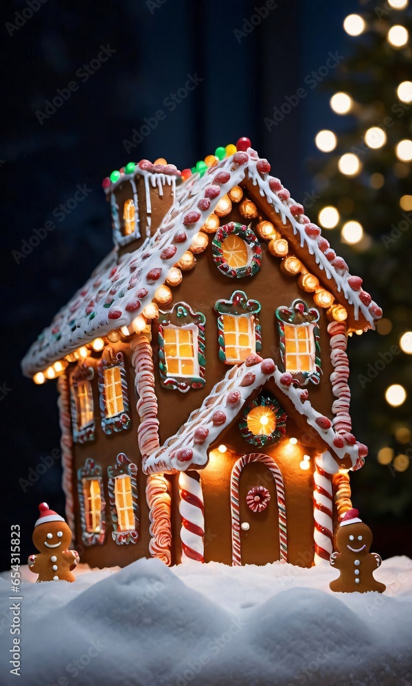Christmas Lights Illuminating A Gingerbread House, Night, Indoor, Front View