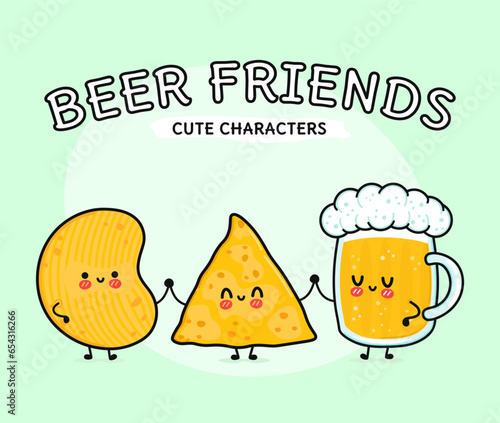 Cute, funny happy glass of beer, nachos and chips. Vector hand drawn cartoon kawaii characters, illustration icon. Funny happy cartoon glass of beer nachos chips mascot friends emoji,child,baby,face