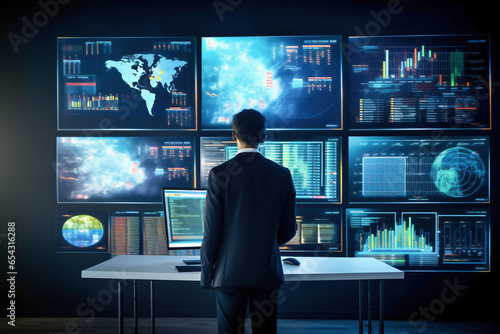 A business man watches monitors with quotes charts. Market analysis. Stock quote. Cryptocurrency rate. Global economic analysis.