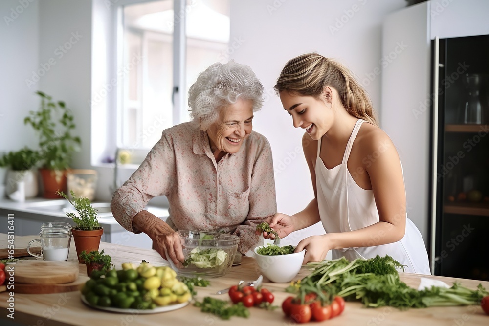 Happy old mother and her daughter preparing healthy food in the kitchen at home Happy old mother and her daughter preparing healthy food in the kitchen at home