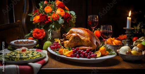 Thanksgiving Table Setting. Thanksgiving Dinner Table Decorated with Dishes. Best Turkey Decorations to Celebrate Thanksgiving in Style (ID: 654317203)