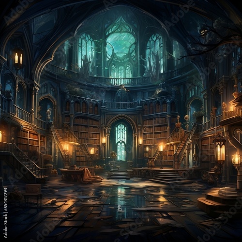 Old library with a lot of bookshelves  cabinet with many books digital illustration  magical archive of knowledge concept art