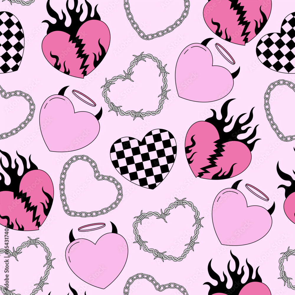Seamless vector patern with black, pink, checkered, barbed wire abstract hearts. Y2k emo goth romantic background. Valentine day concept. Vector glam design