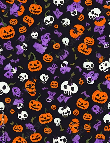 Halloween seamless fabric pattern design with orange flowers and pumpkins