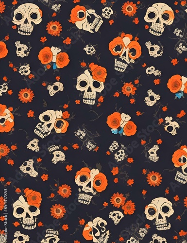 Halloween seamless fabric pattern design with orange flowers and pumpkins