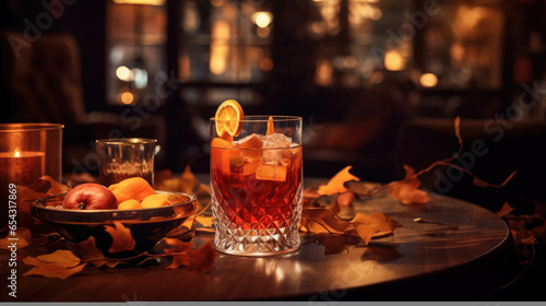 Cozy bar with a pleasant autumn atmosphere. Beautifully crafted old fashioned cocktails decorated with leaves sit on the table © Thanos