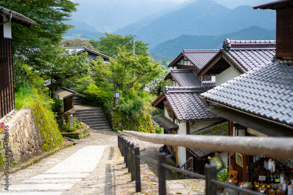 Magome juku , Edo village on Enakyo Nakasendo trails during summer morning at Gifu , Japan : 29 August 2019