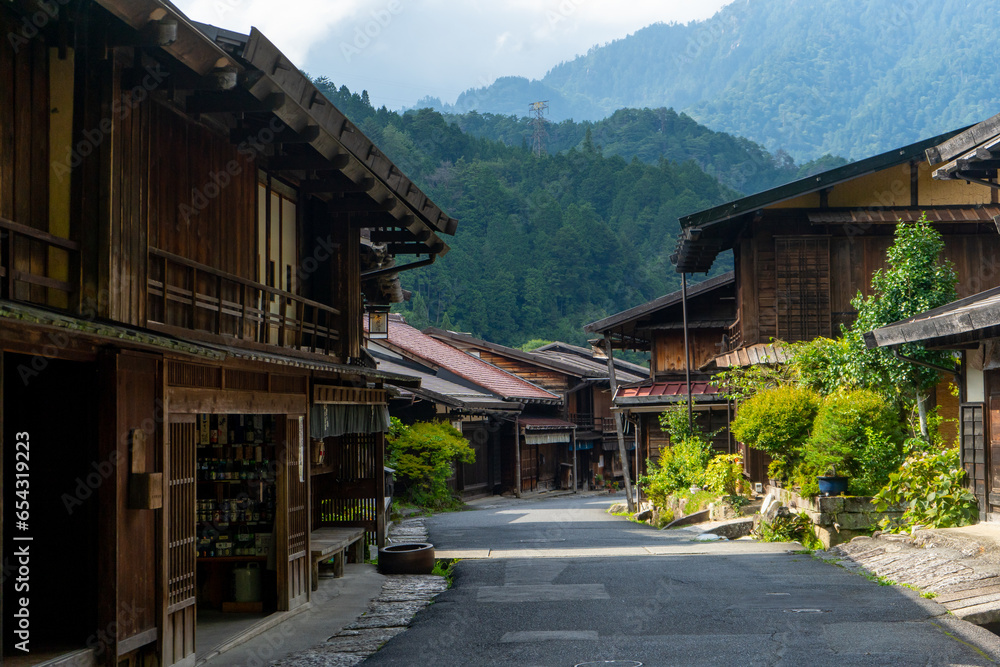 Tsumago juku , Edo village on Enakyo Nakasendo trails during summer morning at Gifu , Japan : 29 August 2019 Tsumago juku , Edo village on Enakyo Nakasendo trails during summer morning at Gifu , Japan : 29 August 2019