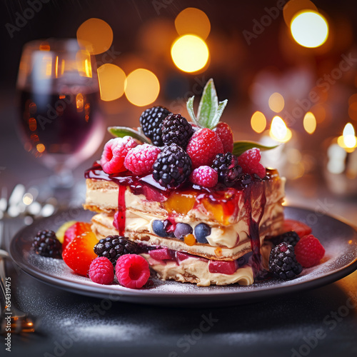 New Year's healthy dessert with a Christmas decoration in the form of berries, close-up, side view, AI Generation