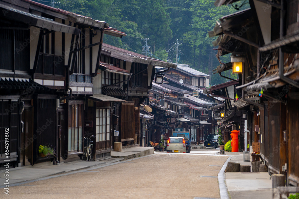 Narai juku , Edo village on Enakyo Nakasendo trails during summer morning at Gifu , Japan : 29 August 2019. Narai juku , Edo village on Enakyo Nakasendo trails during summer morning at Gifu , Japan : 29 August 2019.