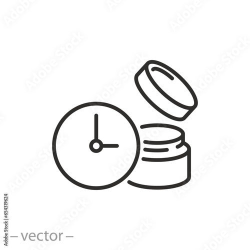 expiration date of open package icon, open jar and clock, thin line symbol - editable stroke vector illustration