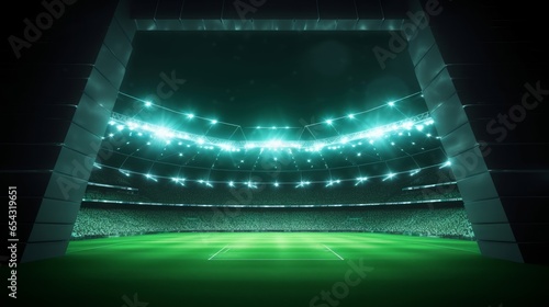 Entrance tunnel leading to illuminated universal stadium with green grass and full of fans. Glowing stadium lights in 4k video background, Generative AI photo