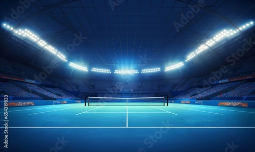 Blue tennis court and illuminated indoor arena with fans, player front view, professional tennis sport 3d illustration background, Generative AI photo