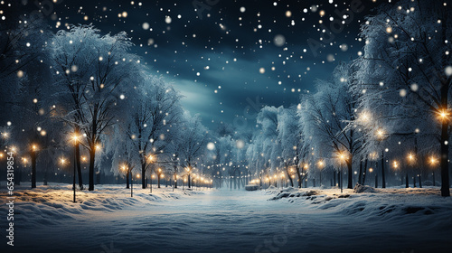 Winter calm street in the night, Christmas background