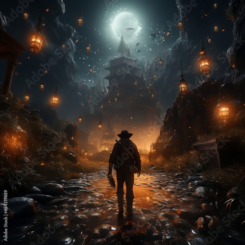 illustration painting of the explorer came to a spooky environment with diamonds, 3D illustration