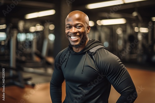 Smiling young African man wearing sportswear posing in gym © NEM