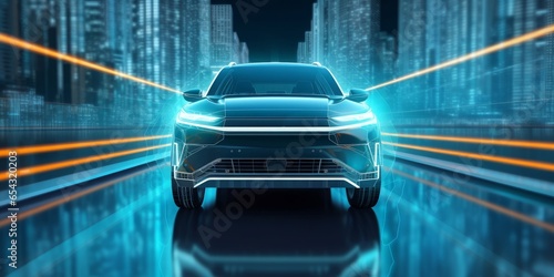 Riding wireframe car concept on the road and futuristic city around. Front view of SUV car. Professional 3d rendering of own designed generic non existing car, Generative AI