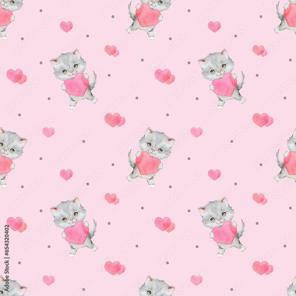 Seamless pattern watercolor gray kitten and red heart. A pink heart in the paws of a cat. A postcard with a gray fluffy cat for Valentine's Day. Hand drawing illustration on isolate white background.