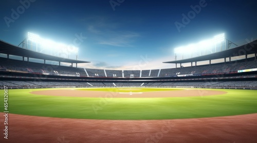 Grand baseball stadium field spot daylight view, modern public sport building 3D render background, Generative AI photo
