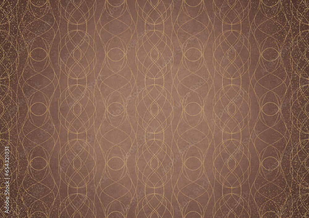 Hand-drawn unique abstract gold ornament on a light brown background, with vignette of darker background color and splatters of golden glitter. Paper texture. Digital artwork, A4. (pattern: p10-1c) Hand-drawn unique abstract gold ornament on a light brown background, with vignette of darker background color and splatters of golden glitter. Paper texture. Digital artwork, A4. (pattern: p10-1c)