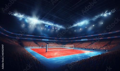 Sport arena interior and professional volleyball court and crowd of fans around. A fan's corner view of the field from the stands. Digital 3D, Generative AI