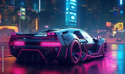 Supersport car parked on the street at cyberpunk city illuminated with neon lights. Generative AI photo