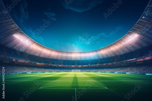 Grand stadium full of spectators expecting an evening match on the green grass field. Sport building 3D professional background illustration, Generative AI photo