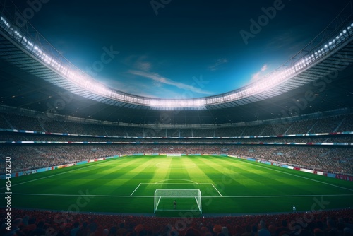 Grand stadium full of spectators expecting an evening match on the green grass field. Sport building 3D professional background illustration, Generative AI © Yash