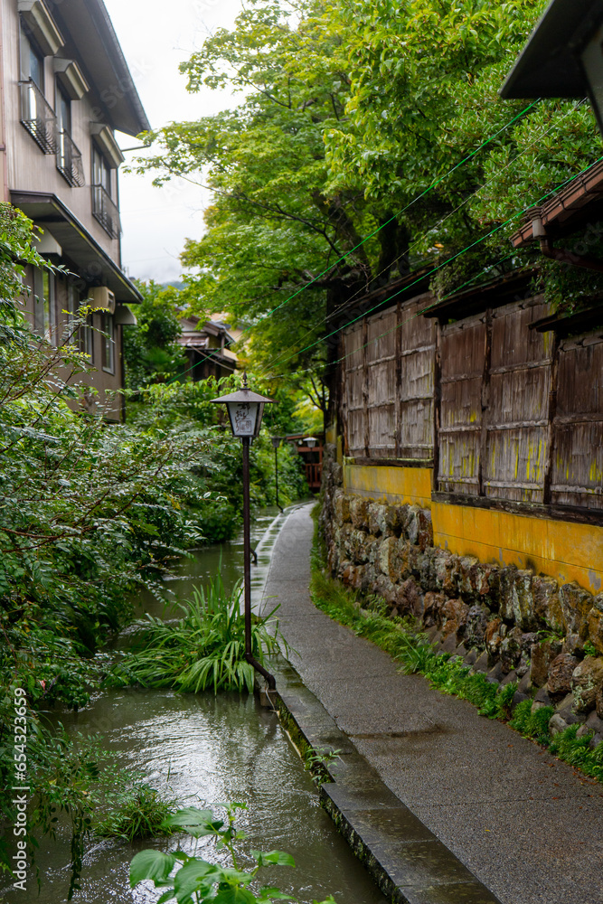 Gujo Hachiman , small riverside castle town during rainy day at Gujo Hachiman Gifu , Japan : 30 August 2019 .