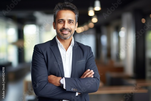 Successful mature Indian businessman posing with crossed arms smiling at the camera in office © NEM