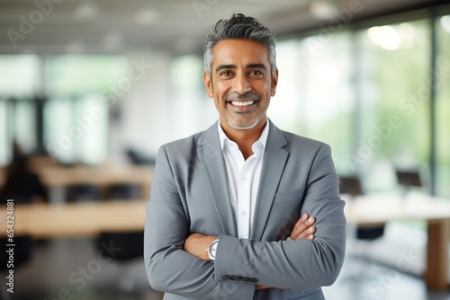 Successful mature Indian businessman posing with crossed arms smiling at the camera in office