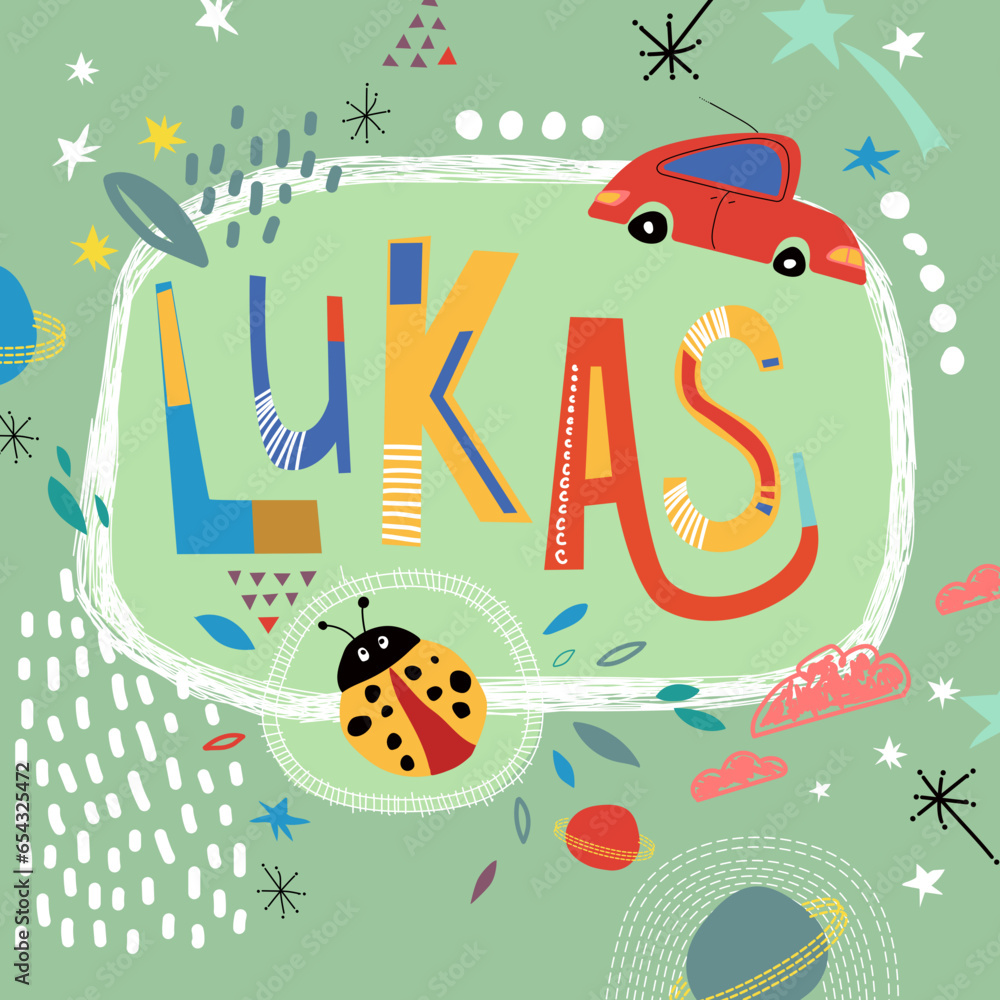 Bright card with beautiful name Lukas in planets, car and simple forms. Awesome male name design in bright colors. Tremendous vector background for fabulous designs