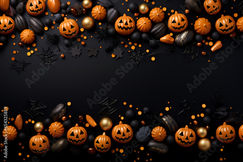 Halloween flat lay background with pumkins and sweets	