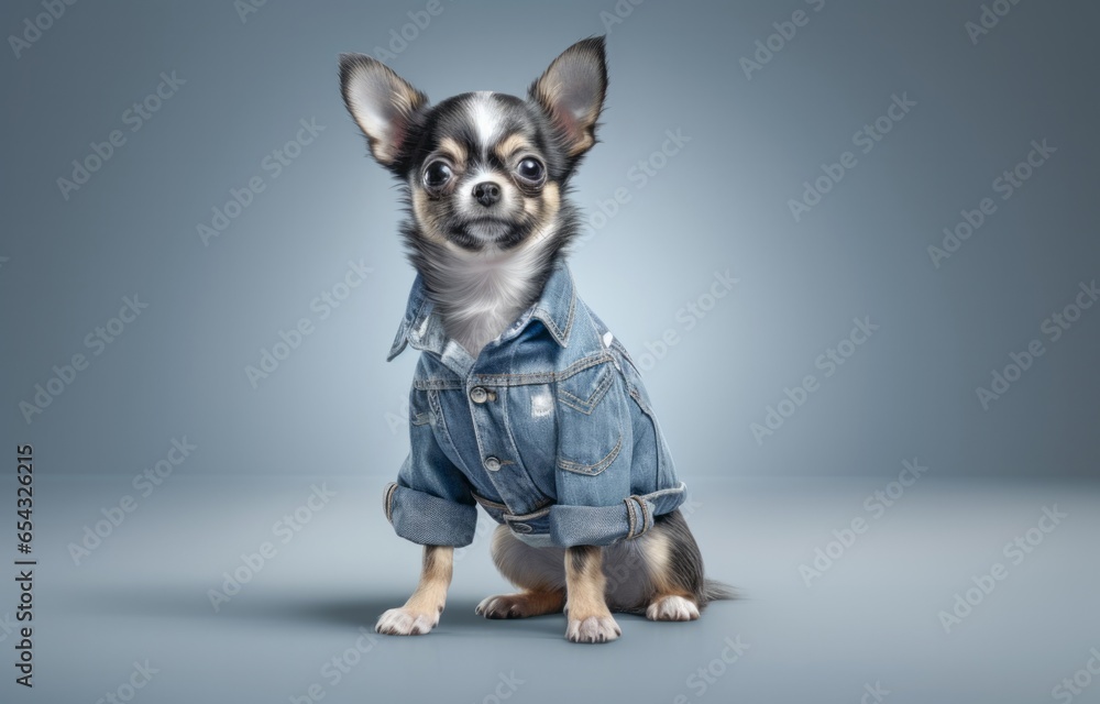 Little dog in a denim shirt